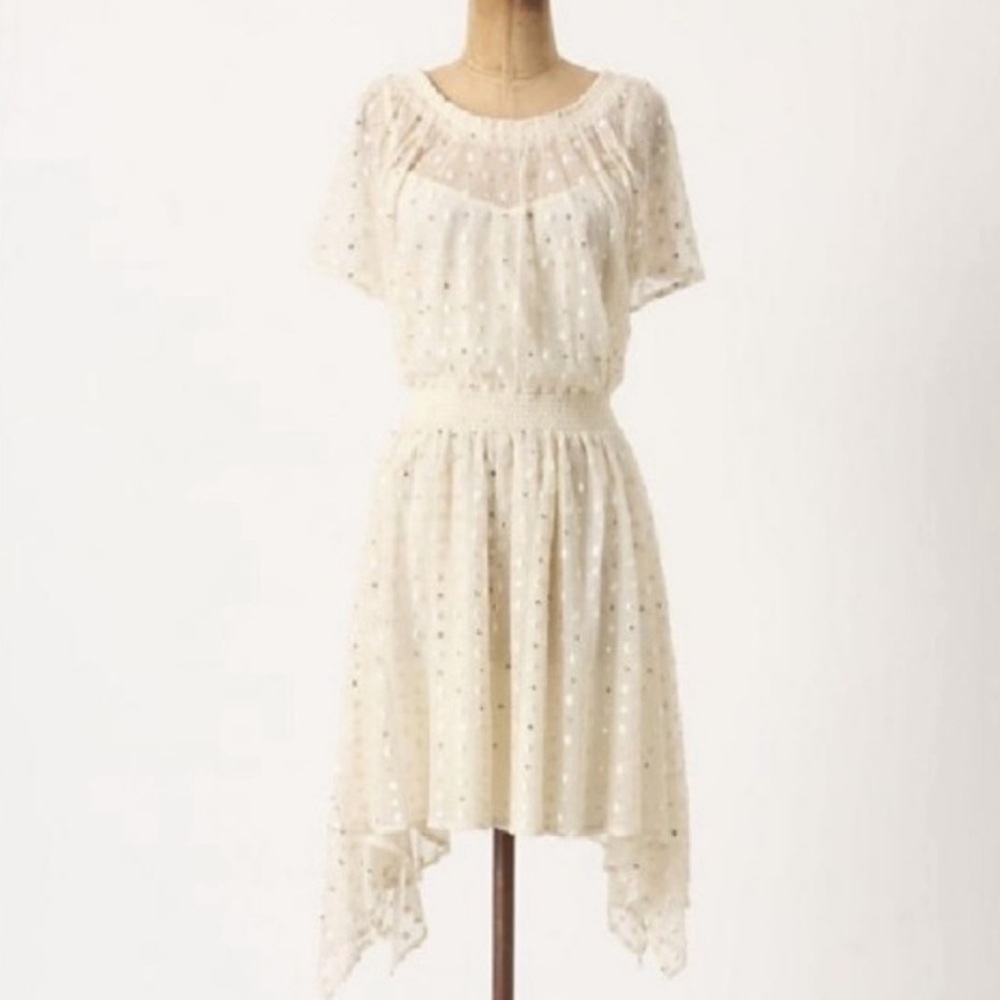 Anthropologie Leifnotes Polka Dot Dress White Ivory Sequin Flutter Sleeve 4 NWT